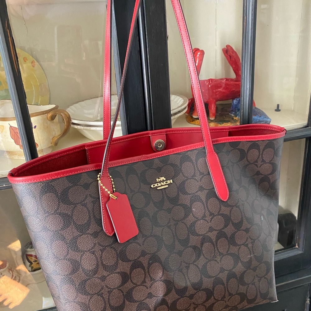 Coach Brown and Red Monogram Tote Bag
